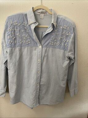 Jane Ashley Blue & White Striped emblished Shirt M 20x28 western cowgirl cotton